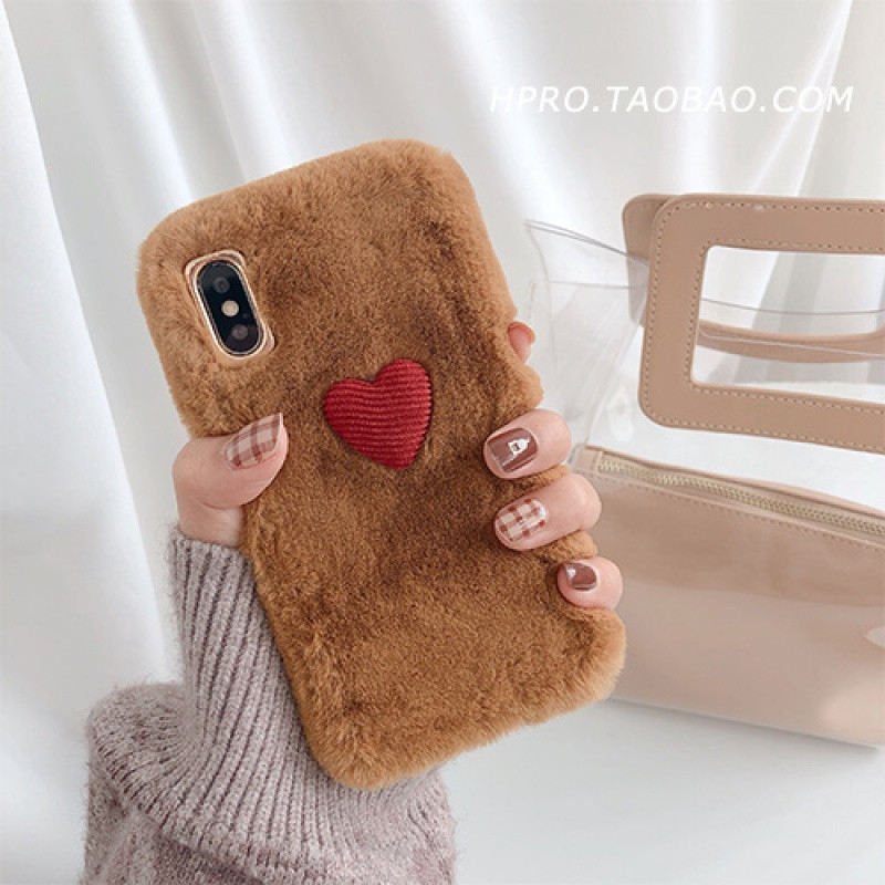 爱心毛绒壳8plus苹果x手机壳XSMax/XR/iPhoneX/7p/6女iphone iPhoneXR棕色
