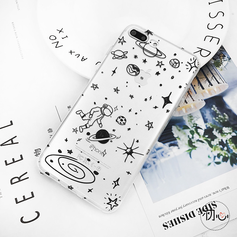创意星空宇航员iPhoneXS手机壳苹果8/7plus个性X透明全包软壳6s萌 7plus/8P(大屏)透明-黑色宇航员tpu软壳