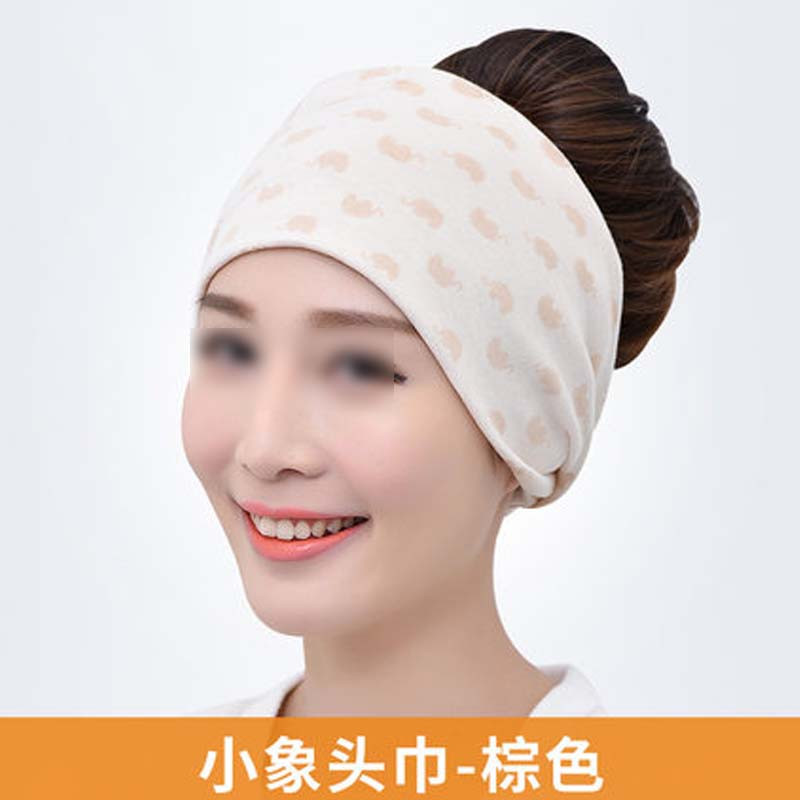 月子帽子春秋款产后保暖头巾产妇护头带秋冬季女孕妇发带简约清新产妇头巾 小象头巾-棕色
