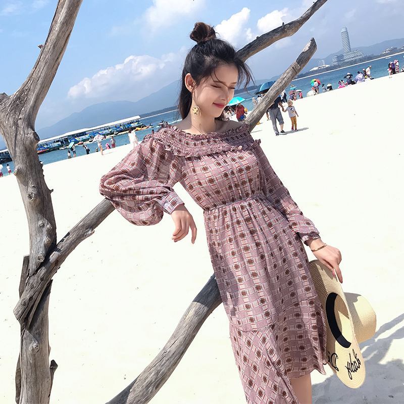 谜秀连衣裙女韩版修身复古一字肩中长款格子裙子夏装潮 L 紫色格子