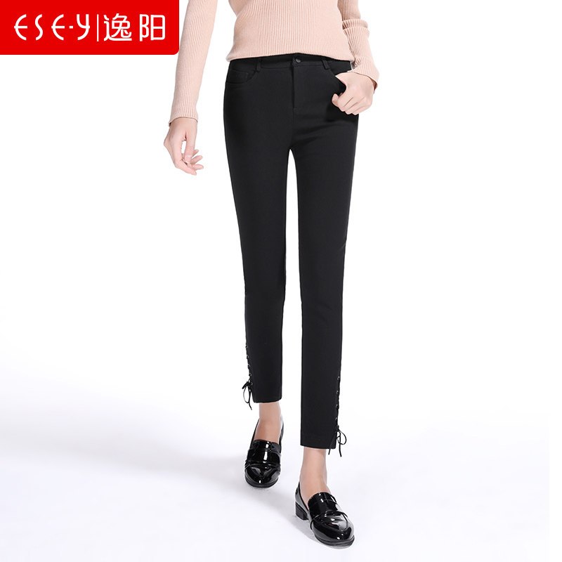 2018秋季新款时尚裤脚开叉系带潮流女九分直筒裤0288 31/17 黑色