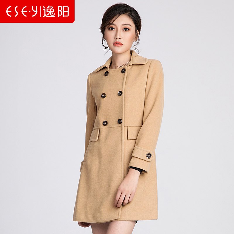 2018秋装季新款中长款收腰羊毛双排扣呢子女大衣0832 S 驼色