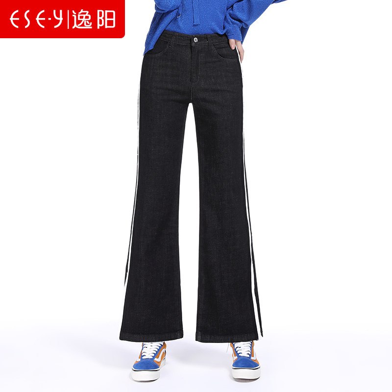 女裤2018秋季新款侧边织带开叉九休闲微喇牛仔女喇叭裤72162 31/17 黑色