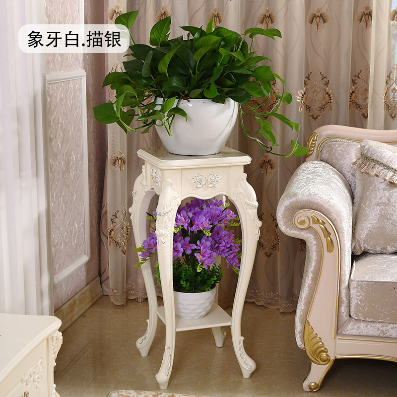 花架实木欧式客厅多层花架室内阳台木质花盆架多功能落地式花架子_701_160 大理石象牙白85描银