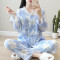 春夏季纯棉纱布月子服产后薄款喂奶衣大码孕妇哺乳睡衣家居服套装 L 蓝色