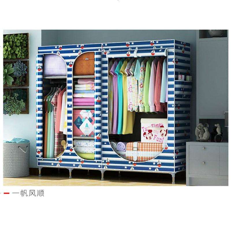 简易衣柜布艺钢架全封闭密封双人布衣柜钢管加粗加固加厚大号拉链_223_477 A25A77一帆风顺【1.7米宽】