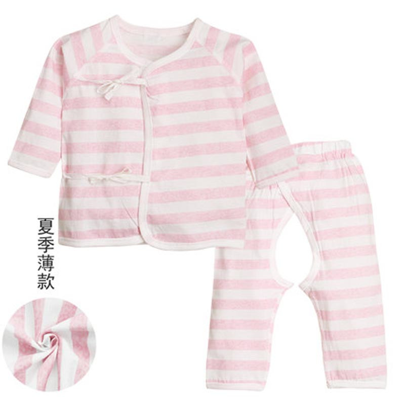 新生儿内衣套装春秋棉0-3-6个月薄夏初生婴儿衣服宝宝和尚服冬季条纹婴童服装儿童内衣/家居服 66cm 薄款粉条纹【套装】