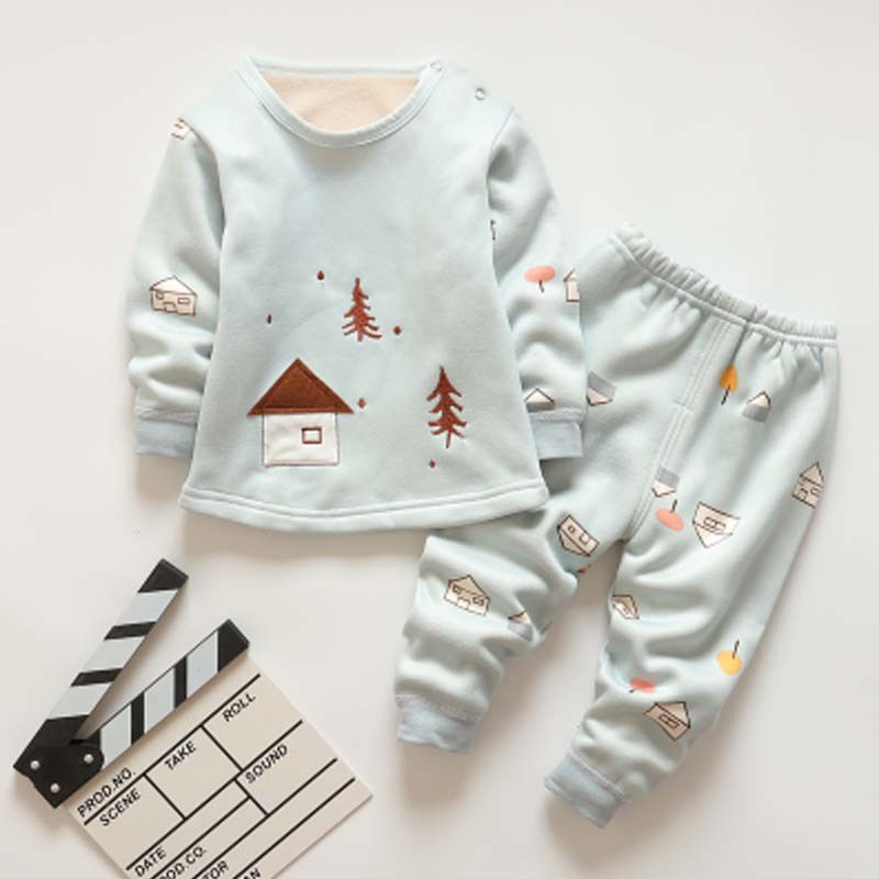 儿童保暖内衣套装男女小孩加绒可爱卡通加厚家居衣服宝宝秋冬季秋衣秋裤家居服 90两用裆建议1岁内 绿色房子