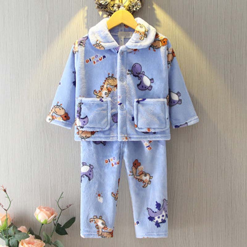 儿童法兰绒睡衣秋冬季中大男女童珊瑚绒家居服套装小孩宝宝卡通小孩子家居服 6码适合80cm左右 紫蓝色-恐龙乐园双面