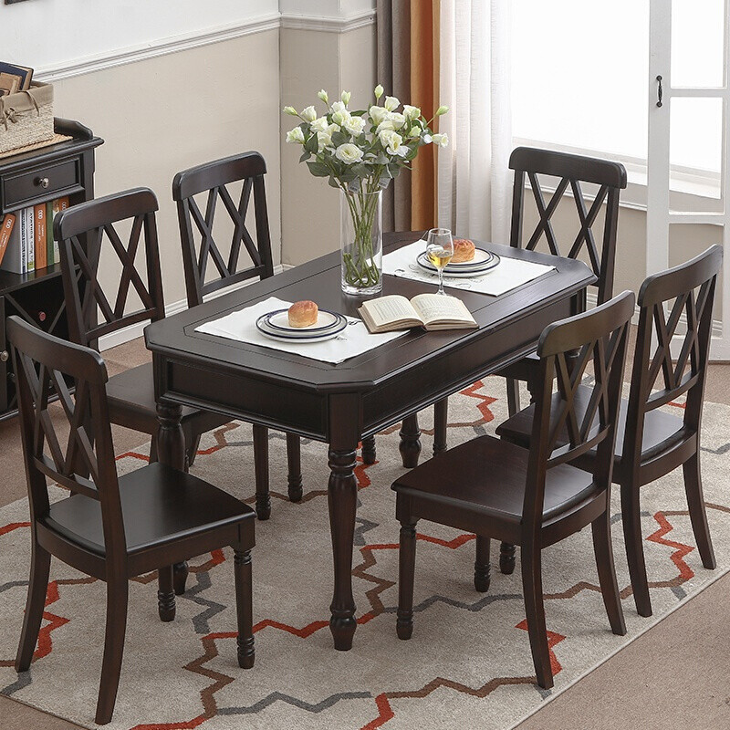 美式实木餐桌椅组合家用饭桌长方形小户型桌子黑色美式家具餐桌_2 1.35m餐桌(白蜡木)+硬座餐椅×6
