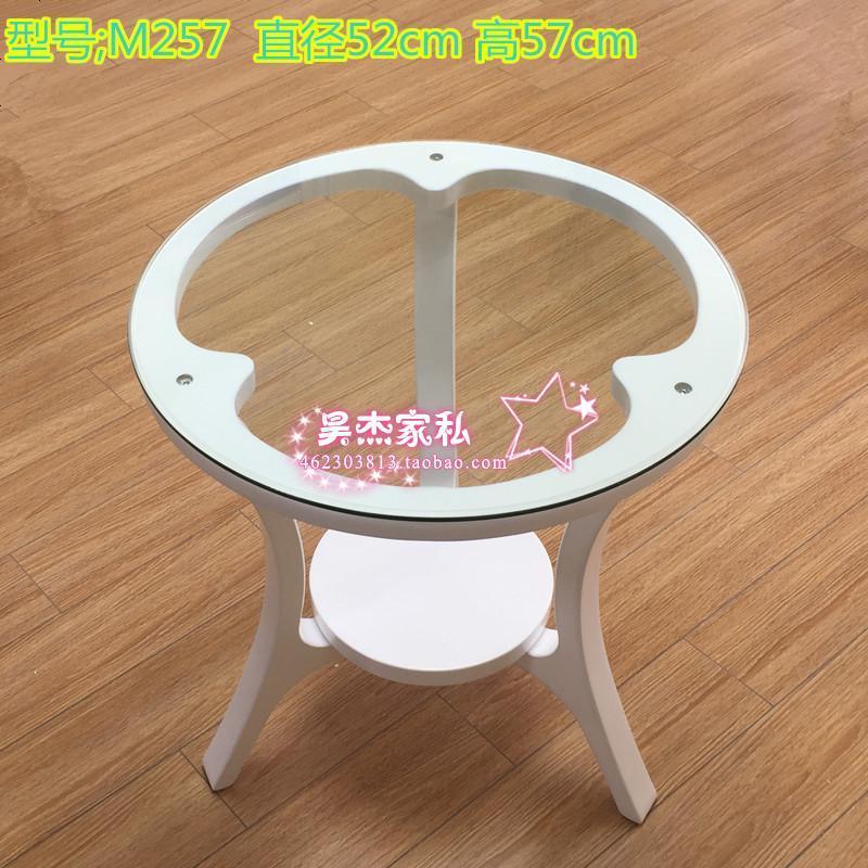 简约欧式时尚白色烤漆小茶几阳台卧室玻璃圆形双层实木接待小圆桌 组装_M257