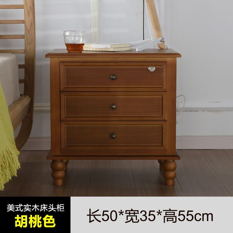 实木床头柜简约带锁白色现代卧室床边柜简易储物柜三斗抽屉柜_625_630 整装_(100%全实木无锁）50胡桃色