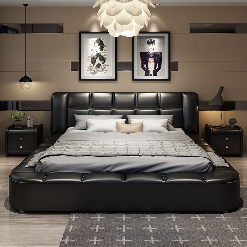 皮床真皮床现代简约大气主卧双人床2米2.2大床1.8婚床豪华软包床_966_989 其他_真皮床+2床头柜_框架结构