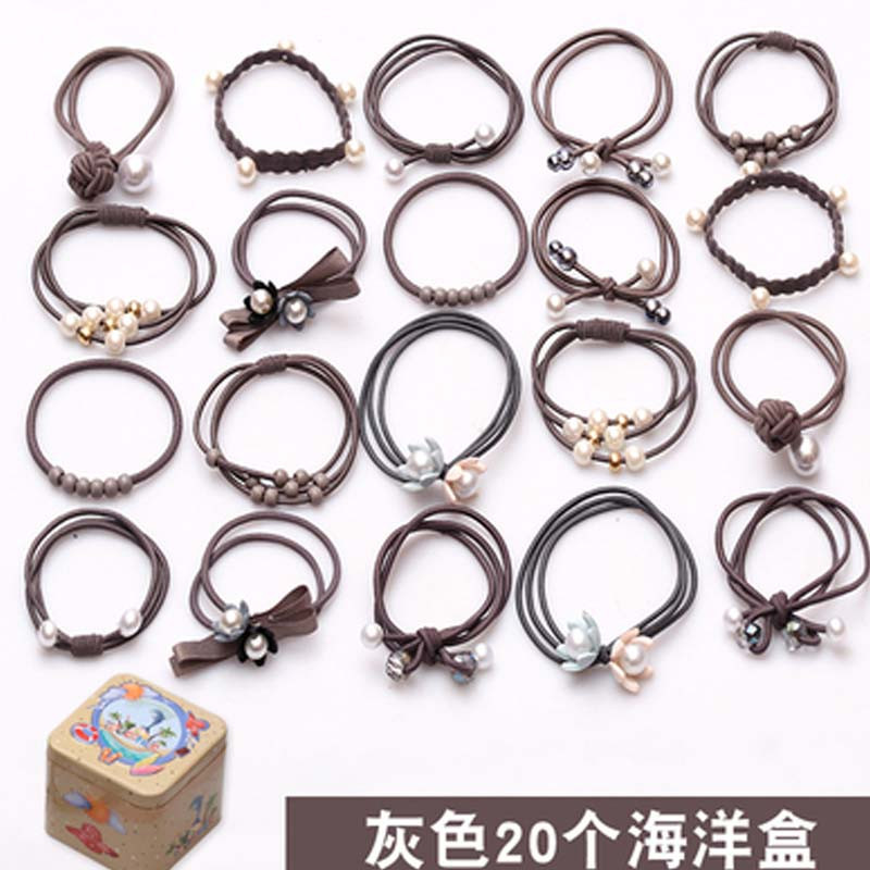 儿童发饰品橡皮筋珍珠发绳女童头饰扎头发宝宝头绳发圈头花简约清新小女孩配饰 灰色20个海洋盒装