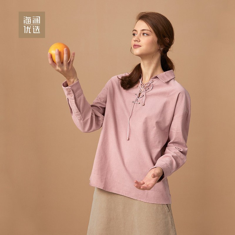 时尚系带长袖衬衫2018秋季绑带休闲衬衣女士海澜优选 160/84A 藕粉色06