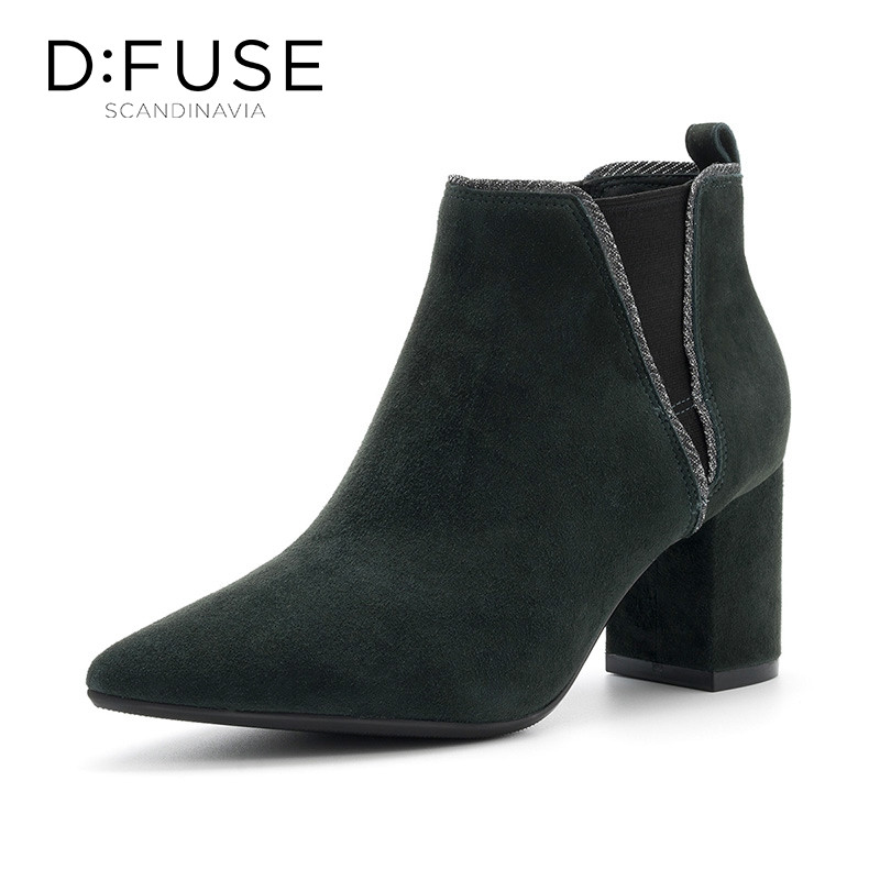 迪芙斯(D:fuse)冬季绒面羊皮革尖头中跟粗跟时尚短靴女DF84116027 橄榄绿色 34码