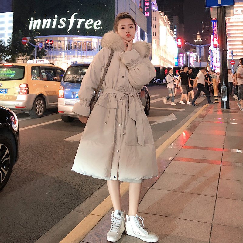 2020冬季新款ins棉衣女中长款加厚面包服显瘦过膝羽绒棉服修身冬季大毛领外套棉袄 米白 M