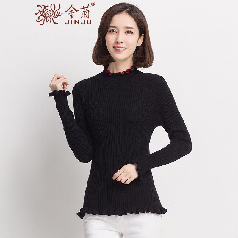 金菊女装冬季新款纯羊毛韩版修身毛衣木耳边半高领羊毛衫女 95/M 黑色