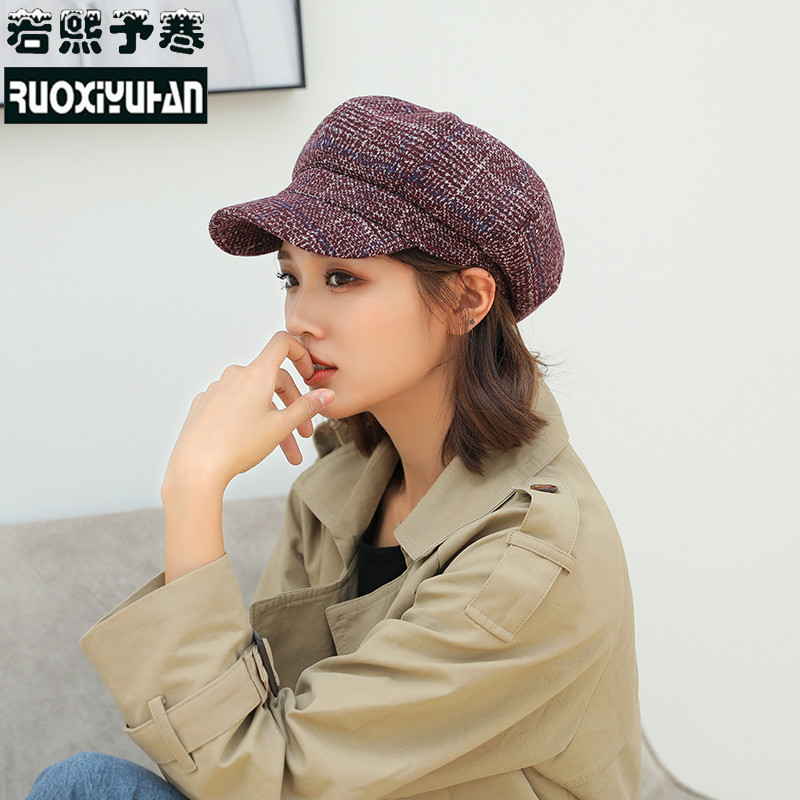 若熙予寒八角帽女士秋冬英伦黑色韩版帽日系百搭帽子女冬毛呢贝雷帽 酒红色
