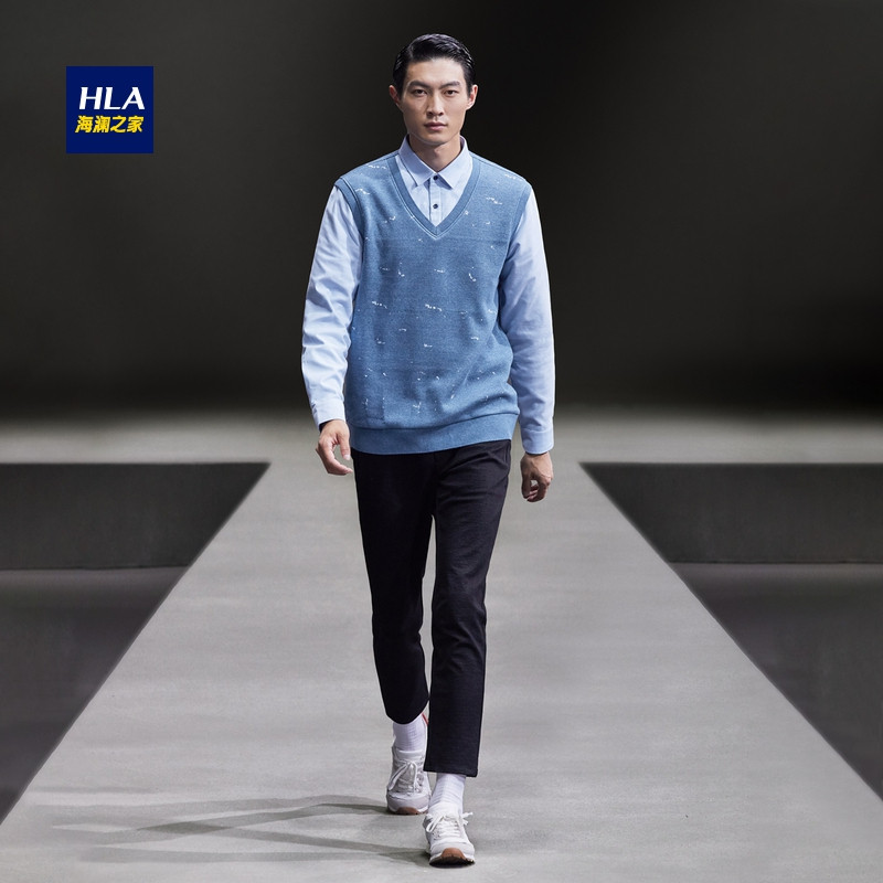 HLA海澜之家背心款套头双领针织衫2018冬季加绒保暖假两件男-HNTJD4E180A 浅蓝花纹7A 180/96A/XL