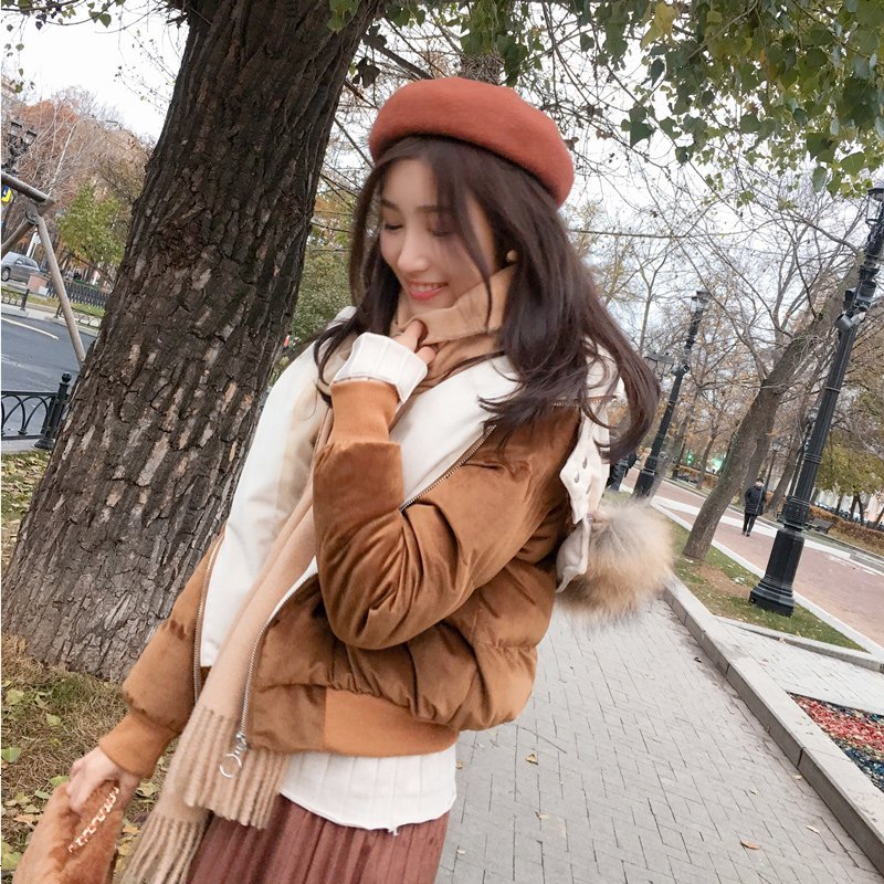 谜秀棉服女秋冬装2018新款韩版宽松绒面加厚棉衣短款连帽外套冬潮_331_349 L 卡其