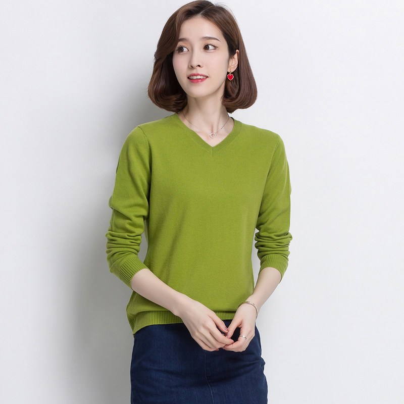恒源祥羊毛衫女秋冬V领100%羊毛鸡心领针织衫打底毛衣女2018新款 160/S 浅绿