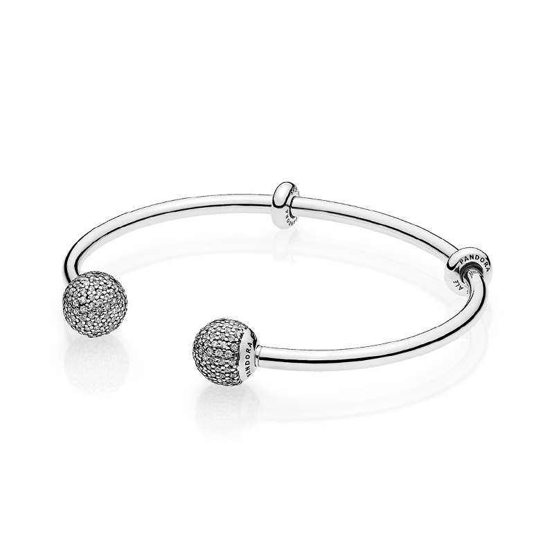 PANDORA潘多拉 925银开口式密镶 女士固定珠银手镯-596438CZ 17.5cm