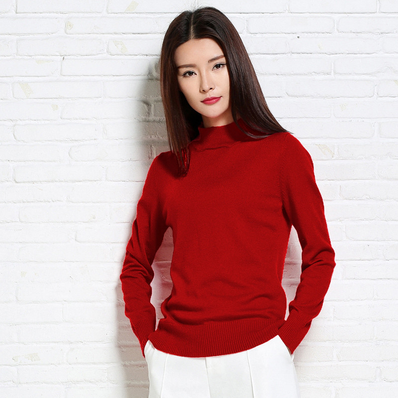 绒运利达半高领羊绒毛衣女短款修身打底衫长袖针织羊绒衫纯色套头BF1218/003500 酒红色 XL