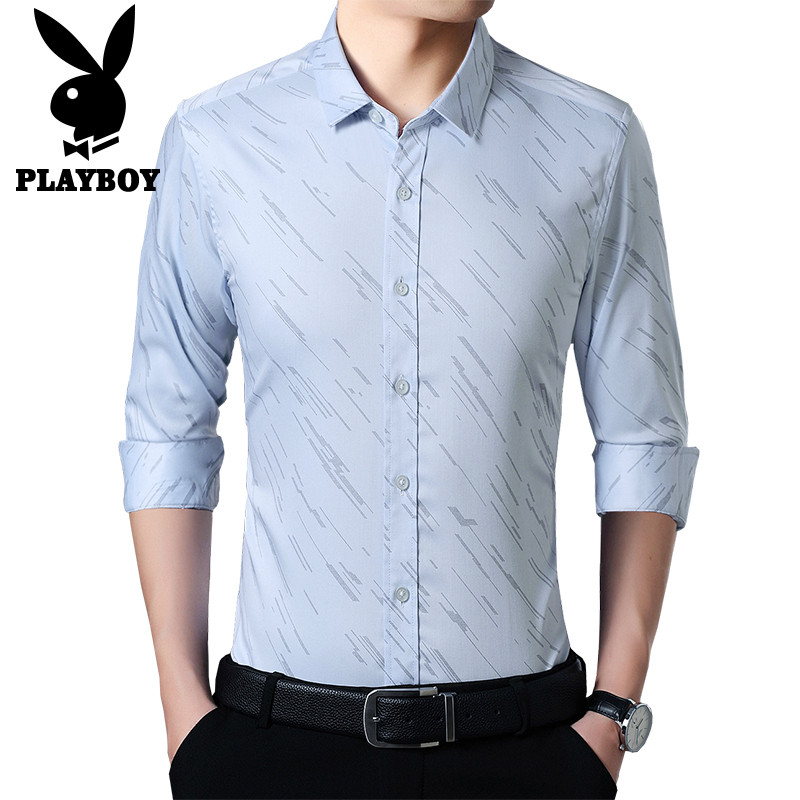 花花公子PLAYBOYJEANS长袖衬衫2018秋冬新品 商务休闲修身上衣潮流印花翻领衬衣 2XL 浅蓝色