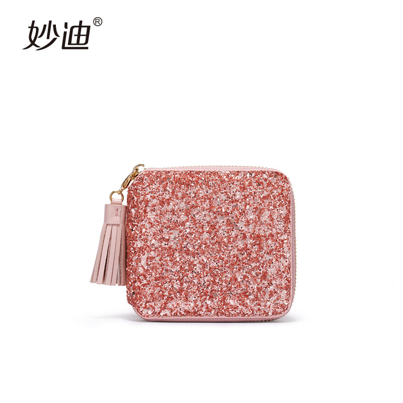 2019新款亮片短款小钱包ck少女心ins韩版零钱包 裸粉