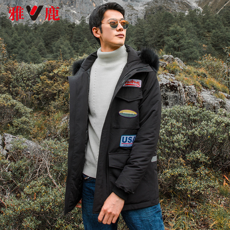 yaloo/雅鹿男 中长款2018新款加厚宽松大毛领羽绒服潮 黑色 175