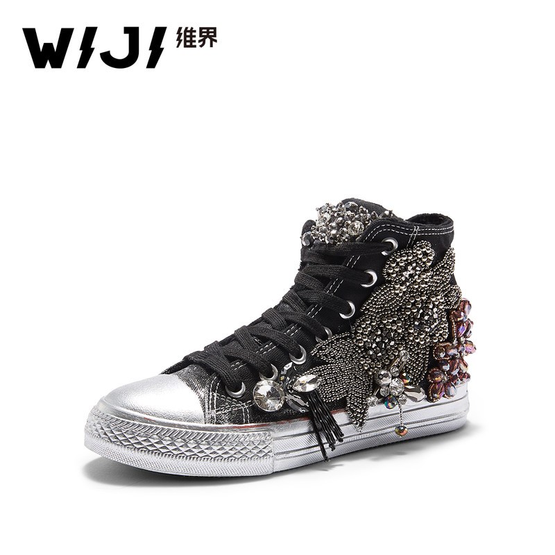 WIJI2018新款时尚潮流华丽手工帆布鞋休闲舒适个性青春靓丽女鞋女 黑色 37