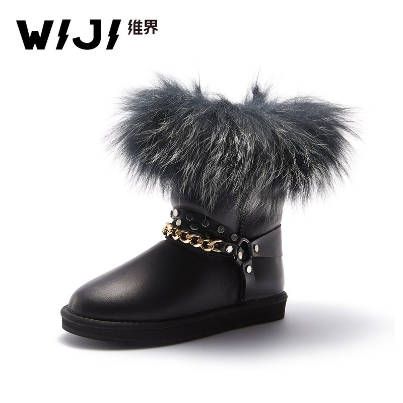 WIJI冬季新款时尚雪地靴个性纯色加绒保暖皮毛一体舒适中高筒女鞋 黑色 37