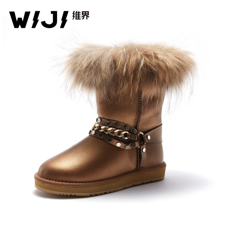 WIJI冬季新款时尚雪地靴个性纯色加绒保暖皮毛一体舒适中高筒女鞋 棕色 37