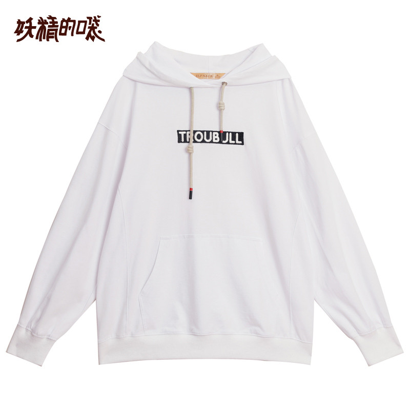 妖精的口袋2019春新字母刺绣印花宽松连帽卫衣韩版cec套头上衣女 幻想白色 M