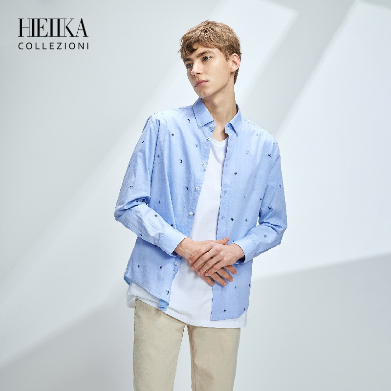 Hieiika海一家男装2019春季星星海豚元素印花全棉长袖衬衫 175/92A 浅蓝花纹KN