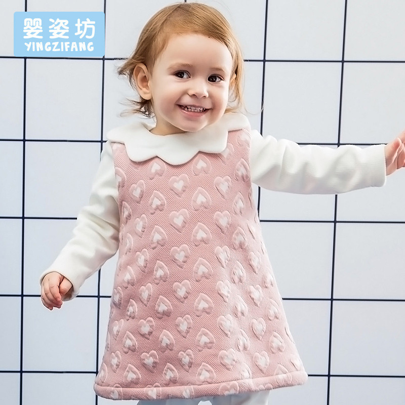 婴姿坊童装女童冬装加绒连衣裙儿童背心中长款公主裙宝宝裙装 110cm 粉红色