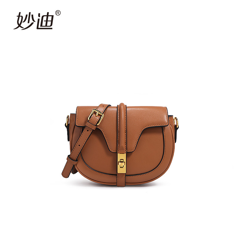 妙迪半圆马鞍包女2019新款复古牛皮斜挎小包 焦糖色