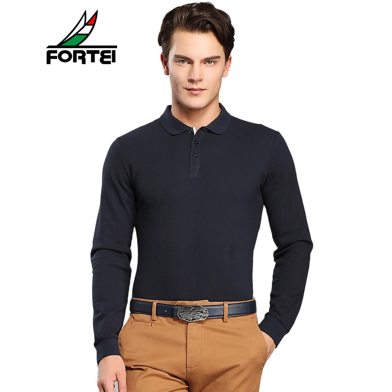 FORTEI富铤长袖T恤男士翻领Polo纯色休闲棉质长袖打底衫。 M(170/88A) 宝蓝色