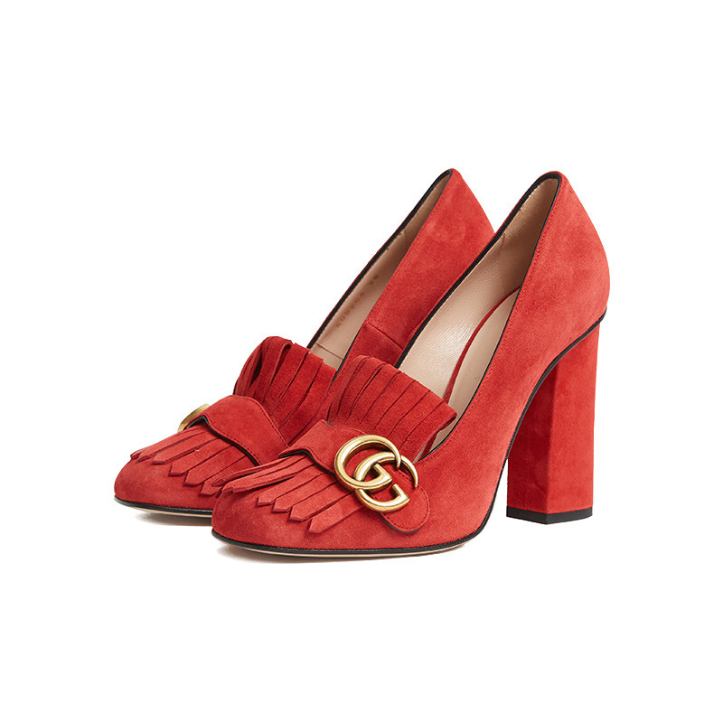 GUCCI/古驰 古驰Marmont系列GG麂皮高跟鞋408206 红色 39
