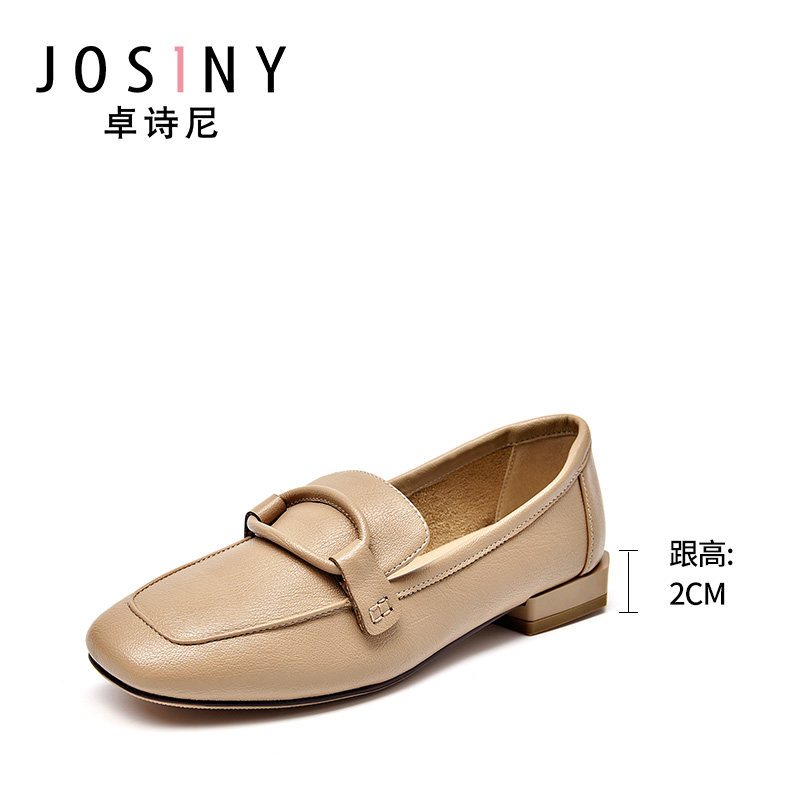 卓诗尼乐福鞋女平底2019春季新款百搭奶奶鞋简约纯色粗跟休闲女鞋 驼色 39