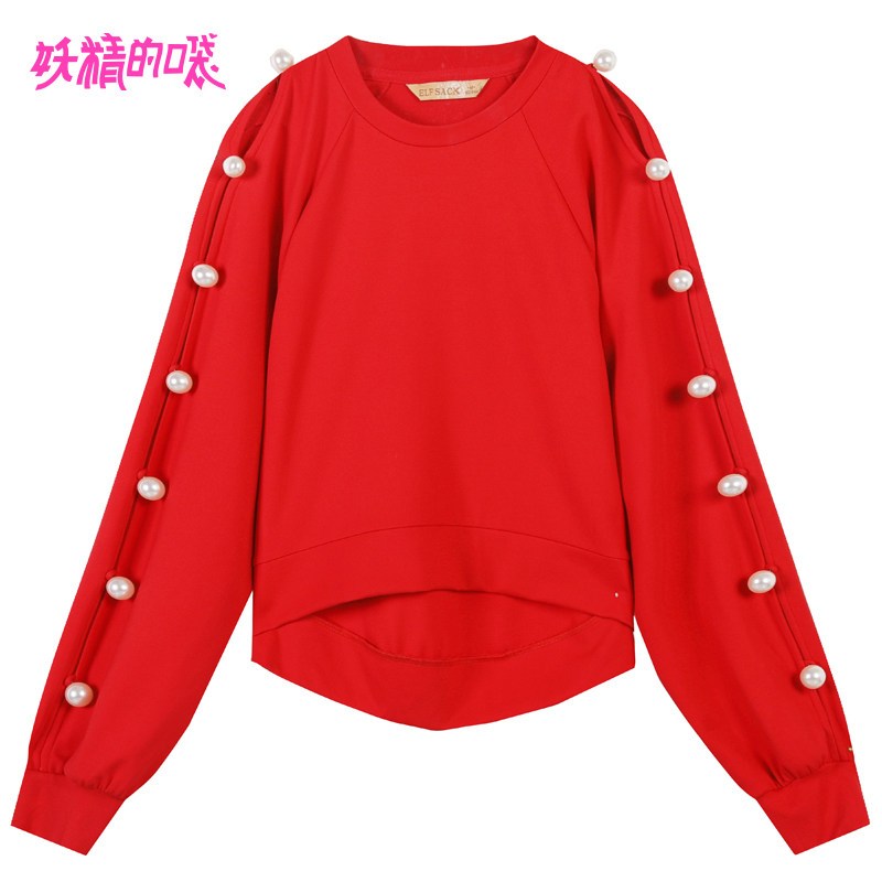 妖精的口袋2019新款女装春装宽松bf慵懒风圆领珍珠装饰套头卫衣 M 圣女果红色
