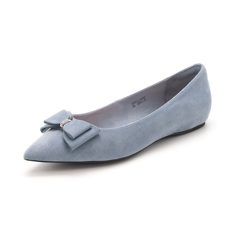 星期六(ST&SAT)2019年绒面羊皮革蝴蝶结尖头平底时尚单鞋女SS91111039 蓝色 34码