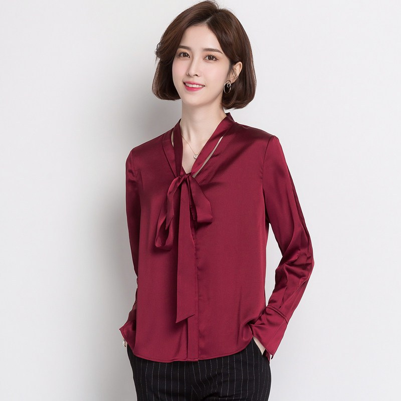 恒源祥2019春季新款女装印花衬衫单排扣飘带知性纯色衬衣前短后长_1 165/92A 紫红