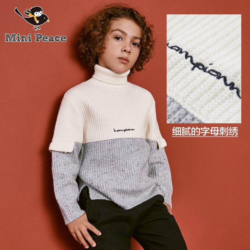 minipeace太平鸟童装2018新款男童套头拼接高领毛衫秋冬儿童毛衣_1 110cm(110=110/56) 灰白2