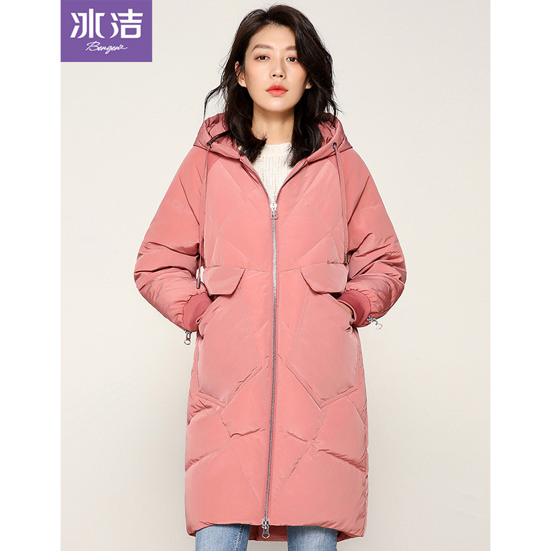 冰洁2018秋冬新款中长款羽绒服女休闲拉链保暖时尚连帽外套女J80143030 155/80A 炫粉桃1149