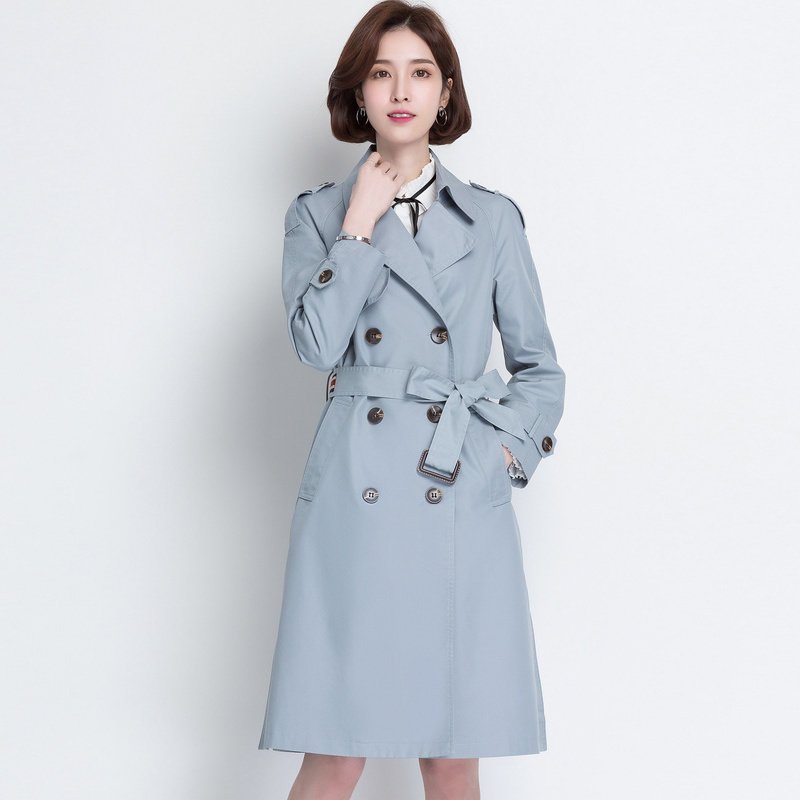 恒源祥2019新款韩版风衣女中长款潮修身双排扣英伦风百搭春秋外套 160/M 浅兰