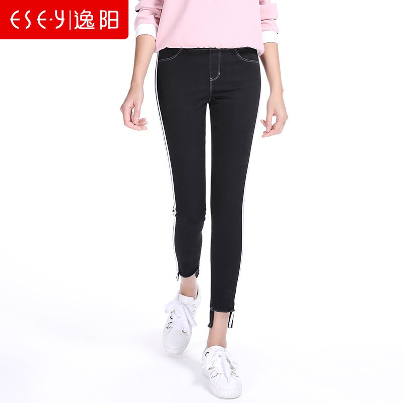 清仓2019春季新款牛仔打底裤女原宿侧边条前短后长打底裤72198 27/9 黑色