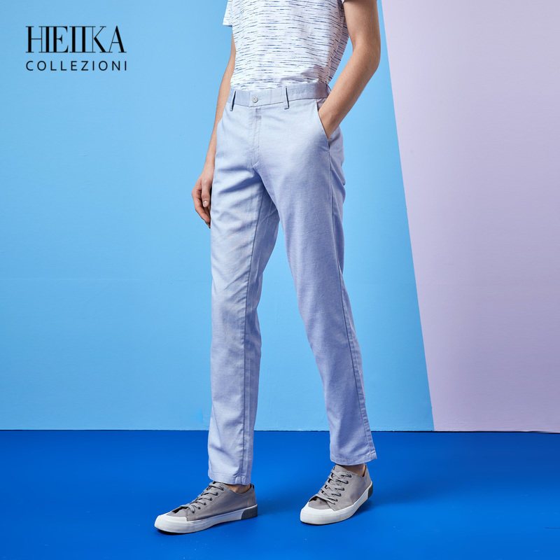 Hieiika海一家男装2019夏季长裤简约清新微弹宽松纯色休闲裤 浅蓝A0 180/94A