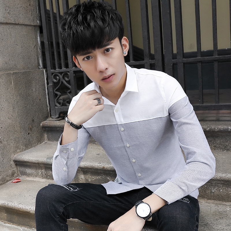 庄吉 2019新款男士衬衫韩版潮流拼接寸衫衣简约衬衣JU-CS-S32 JU-CS-S32灰色 XXXXL